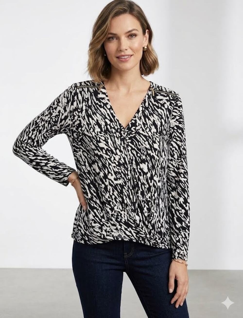 INC International Concepts Black White Abstract Relaxed Blouse Faux Wrap XL